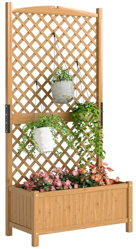 Outsunny Arriate de Jardín con Enrejado Jardinera con Celosía Macetero con Soporte para Trepadora Cultivos Plantas Flores para Exterior Patio Terraza Balcón 90x45x180 cm Natural