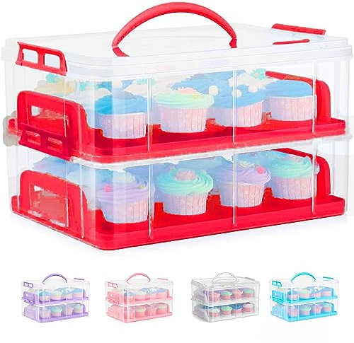 SG Traders 2 Tier Cupcake Carrier with Handle, 24 Muffin Cases Stackable Cake Caddy, Baking Cupcake Boxes Cupcake Cases, Plastic Storage Box with Adjustable Compartments