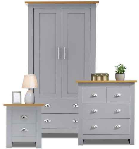 Bedroom Wardrobes sets with 2 Door Wardrobe 2+2 Chest of Drawer 2 Drawer Bedside Table Cabinet Bedroom Set for 3 Piece Bedroom Storage furniture Set, Grey & Oak