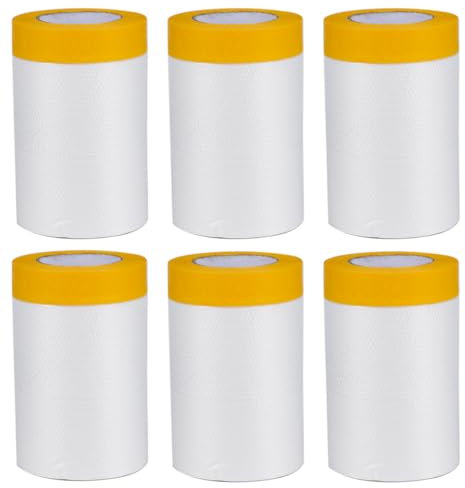 JSMTKJ 6 Rollen Abdeckfolie Klebeband mit Folie 55cm*20M Klebeband mit Transparent AbdeckFolie UV Beständig Goldband Masker Tape Malerkrepp Selbstklebende Malerfolie Malerband