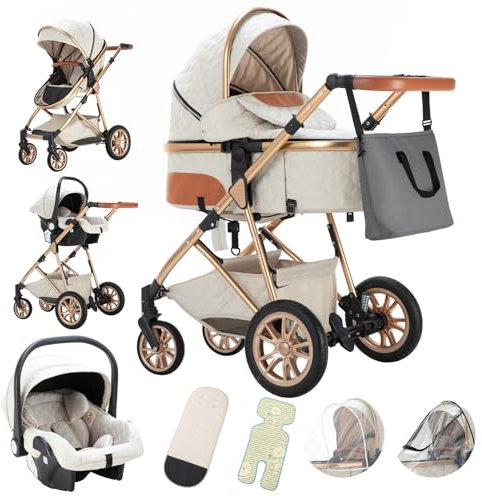 Gcarebb 3 in 1 Kinderwagen, Buggy Mit Auto Babyschale, Mit Höhenverstellbarer Kinderwagen Komplettset, KombiKinderwagen Mit Aluminiumrahmen für Neugeborene 0-3 Jahre