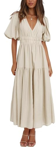 Woolicity Women's Long Dress Casual V-Neck Dress Short Sleeve Evening Dress Ruffle Edge Casual Dress