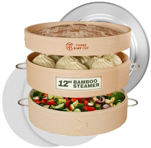 Cuiseur vapeur en bambou à 2 niveaux - Paniers de 30,5 cm avec poignée, doublure en silicone, adaptateur, presse à mouler pour cuire des légumes, des boulettes et un coupe-pâte pour cuire à la vapeur
