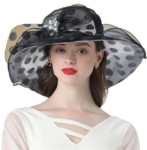 Damenhut mit Blumenmotiv, große breite Krempe, Fedora-Hut für Frauen, Organza-Hut, Strand-Sonnenhut, Derby-Hut, Schwarz , Einheitsgröße