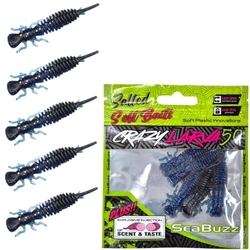 SEABUZZ Gummifische Angelköder Set Larva 5 STK x 50mm Forelle Gummiköder | Hecht & Zander - Wels & Barsch Kunstköder - Raubfisch Angelnset - Süß- und Salzwasser Angelausrüstung