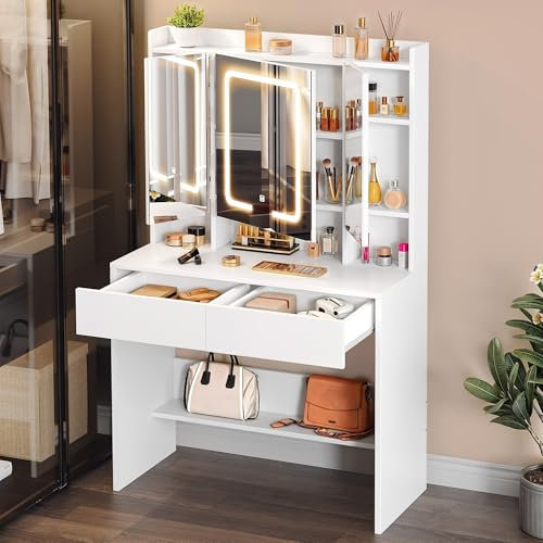 YITAHOME Schminktisch mit LED-Beleuchtung, Einstellbarer Helligkeit, Frisiertisch mit Spiegel 2 Schubladen, Schminktische mit 3 Türen, Make up Tisch mit Schmuckablage Verstellbaren Ablagen, Weiß