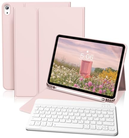 GKABXY Hülle mit Tastatur für iPad A16 11/10 Generation 2025/2022, 11/10.9 | Soft TPU Rückseite Gehäuse mit Stifthalter, Magnetische Abnehmbar Kabellose Bluetooth Tastatur, QWERTZ-Layout, Rosa