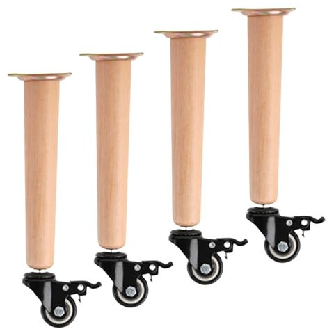 4 x Massivholz-Möbelbeine mit Rollen und Bremsen, Ersatz-Tischbeine, Bettbeine, Buchenholz, gerade, konische Möbelerhöhungen für Sofa und Schränke