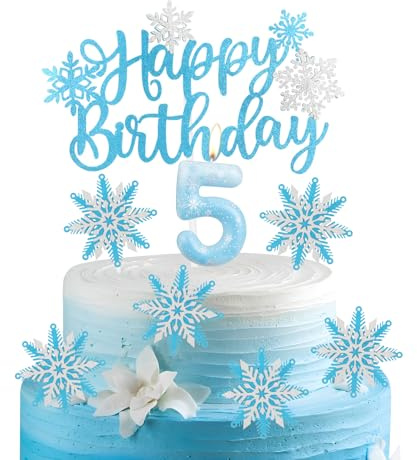 Frozen 5 Birthday Candles Cake Toppers Set,Snowflake Number 5 Candles for Cake,Frozen Cake Decorations, Blue Candles Snowflake Cake Toppers for Girls Boys 5th Birthday Party Decorations