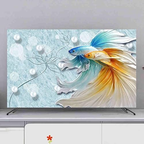 Indoor TV Cover Cloth Dust Proof TV Screen Protector Cover 32-80 Inches Television Dustproof Cover Colorful Painting Printed Hanging Desktop Curved Screen Decorative Cover-fish||70（161X96cm）