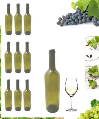 Buyglass Set di 10 Bottiglie di Vino Vuote, 750 ml, Verde Oliva, con Tappo plastica