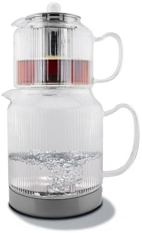Doppel-Glasteekanne - 2-in-1 Teekanne mit Edelstahl-Sieb - 1,5 Liter + 600ml - Induktionsgeeignet - Gerillt Borosilikat - Spülmaschinenfest