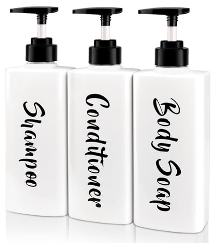 3 Pièces Distributeur de Savon, 500 ML Distributeur de Shampoing et Gel Douche, Rechargeables Bouteille à Pompe en Plastique Distributeurs de Savon et de Lotion,Blanc