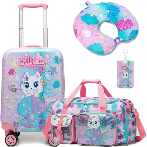 HTgroce Kinderkoffer mit Kinder Duffle Bag, Kindertrolley mit Schwimmtasche Kinder, Nackenkissen & Gepäckanhänger, Kindergepäck mit Rollen, Handgepäck Reisekoffer Hartschalenkoffer für Mädchen
