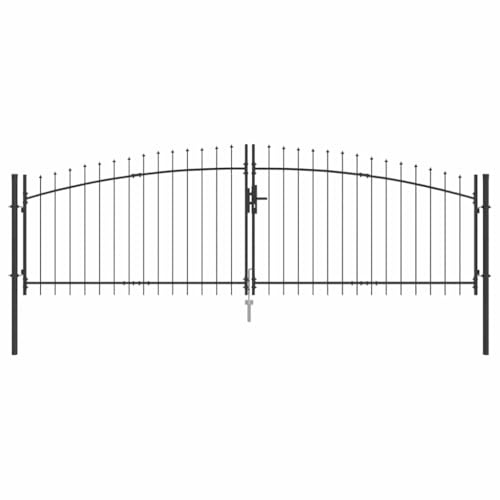 Portail de jardin avec pointe de lance à double battant gris 150x400 cm en acier