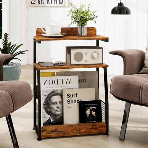 PUNCIA 3-Ebenen Beistelltisch schmaler Couchtisch Kaffeetisch 40 x 18 cm | Kleiner Sofatisch aus Holz & Metall mit Stauraum 45 kg belastbar für Zeitschrift Bücher Wohnzimmer Schlafzimmer Retro
