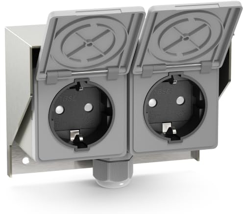 ledscom.de Außen-/Feuchtraumsteckdose PIWI, Aufputz, IP44, 2-fach Schuko, 16A/230V, Edelstahl, Kunststoff, waagerecht