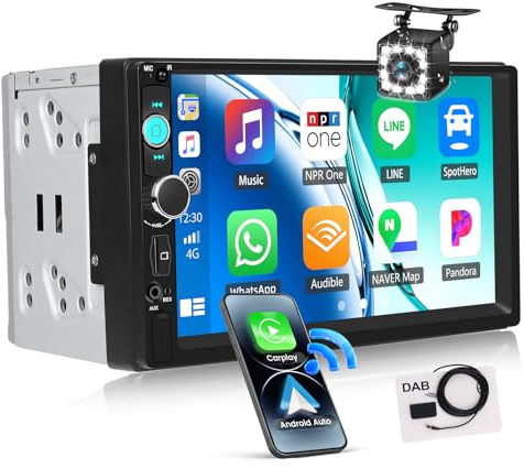 OiLiehu Autoradio 2 Din Dab+ avec CarPlay Android Auto sans Fil, 7 Écran Tactile Lecteur MP5 Radio avec Bluetooth, FM/Dab, Lien Miroir, AUX, Port TF, SWC, EQ, USB, Boutons Colorés, Caméra de Recul