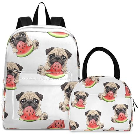 RPLIFE Kindertaschen-Set, wasserdicht, Kühlrucksack, Büchertaschen mit Lunchbox, niedlicher Mops, Hund, Wassermelonenscheibe