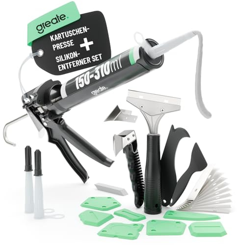 greate Silikon Komplett Set - Silikonpresse, Entferner & Abzieher | Kartuschenpresse, Silikonentferner Werkzeug & Silikon Abzieher Set zur Erneuerung von Silikon & Acryl Fugen