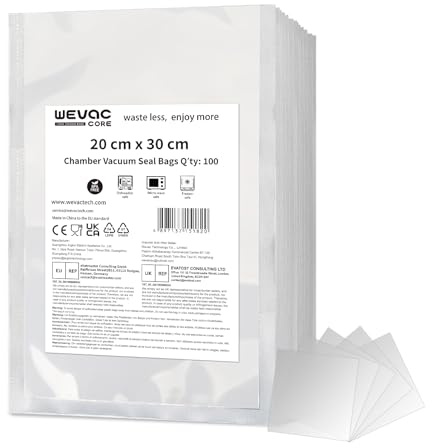 Wevac 20x30cm Food Vacuum Seal Bags 100 Pcs, for Chamber Vacuum Sealer ONLY | BPA Free, Heavy Duty, Smooth Non-textured Bags, Airtight and Leak Proof, Ideal for Sous Vide Cooking, Food Freezer Storage