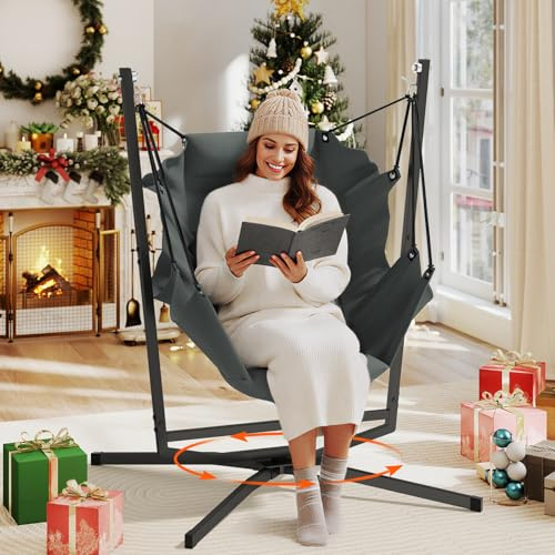 Hängestuhl 360° Drehung, Hängesessel mit Gestell; Hängesessel Indoor mit Kissen, Outdoor & Indoor Relax-Stuhl für Drinnen, Schlafzimmer, Kinderzimmer, Garten, Terasse. 180kg Tragkraft (Grau)