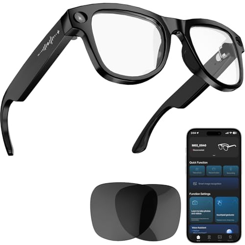 ELECGO Occhiali Smart AI con videocamera HD 1080P da 8MP, occhiali da sole con audio Bluetooth, traduzione in tempo reale, controllo vocale, aste regolabili a 15°, per vlogging, viaggi e riunioni