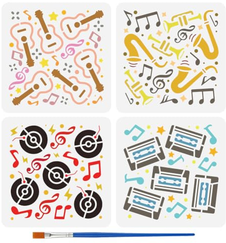 FINGERINSPIRE 4 Styles Vintage Music Elements Stencils with a Brush 15x15cm Guitar Pattern Stencils PET Musical Notes Painting Stencil Cassette Tape Stencil Music Themes Template for Wood Floor Wall