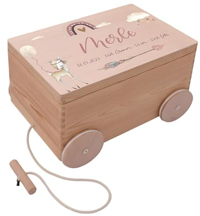 Kidsmood - Spielzeugwagen, personalisiert mit Namen – Spielzeugkiste zum Ziehen, Holzkiste mit Deckel, Aufbewahrungsbox für Baby Spielzeuge, Tolle Erinnerungskiste Baby, Geschenk zur Geburt & Taufe