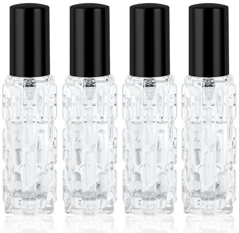 LOPHE Pulverizador Colonia Recargable, 10ML Botella Atomizadora Perfume Recargables, Botella de Spray para Viaje Frasco Decants Perfumes, Mini Perfumador Cristal, Glass Spray Bottles (Negro 4 Piezas)