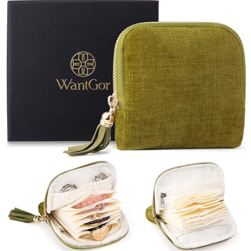 WantGor Travel Jewelry Organizer Case for Women, Jewelry Box 6-Layer Pouch Bags Small Velvet Jewelry Storage Bag Necklace Holder, Ring Box, Earrings Organizer, Travel Essentials (Green)