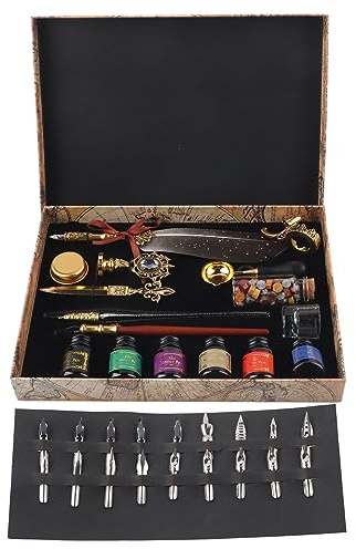 Taidda Federkiel-Set, Exquisiter Stempel Im Europäischen Stil, Getaucht in Wasser Zum Schreiben, für Paare und ältere Menschen (SP271931R gesprenkeltes Goldgrau)