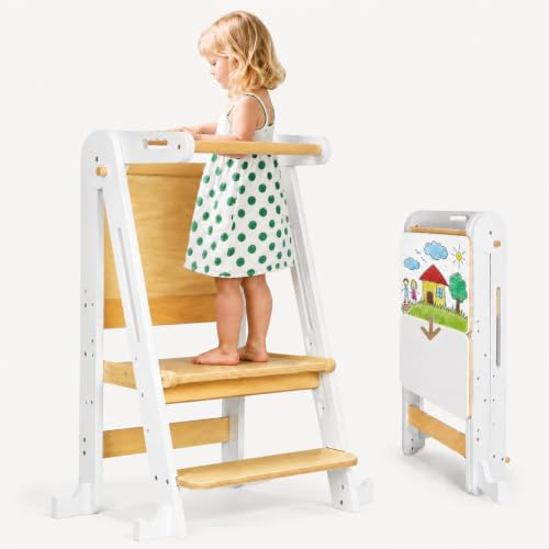 Lernturm ab 1 Jahr | 2 in 1 Learning Tower für Kinder | Klappbare Tritthocker mit Reißbrett | Lernturm Für Kinder, für Küche Tisch Bad