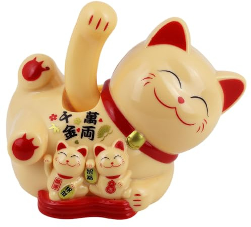 Glückskatze Maneki-Neko liegend Solar 10cm Winkekatze Lucky cat beige