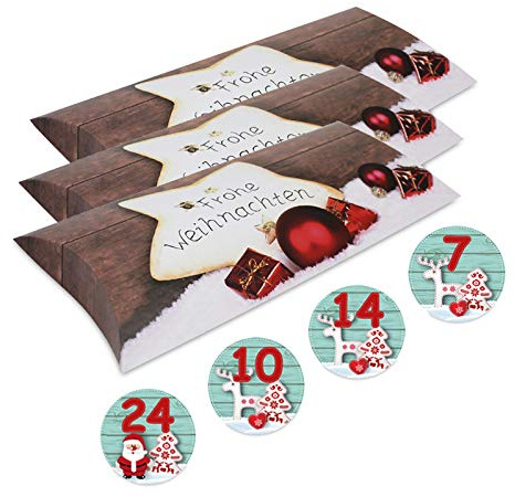Adventskalender Stern 25 Kissenverpackungen mit 24 Zahlenaufklebern, Weihnachtskalender zum Befüllen