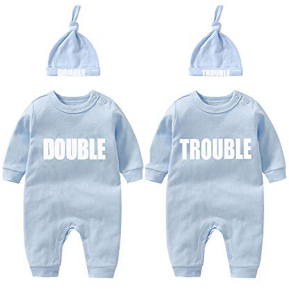 culbutomind baby Zwillinge Baby Bodys Doppel Ärger süßes Outfit mit Hut Baby Pyjamas Zwillinge Geschenk(Blau 3M)