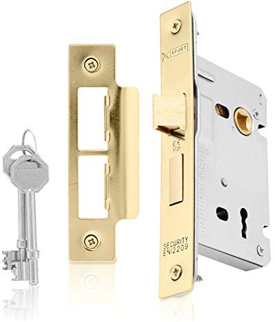 XFORT® 3 Lever Polished Brass Mortice Sashlock 65mm, Door Lock with Key for Internal and External Doors, Door Latch Mechanism and Key Locking Door Security, CE Approved and Fire Rated Protection.