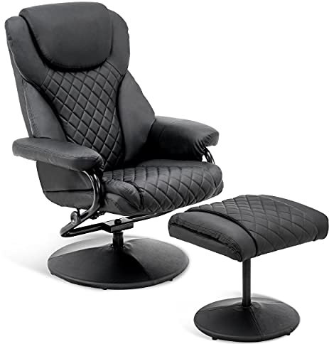 Mcombo Relaxsessel mit Hocker, 360°drehbarer Fernsehsessel mit Liegefunktion, moderner TV-Sessel für Wohnzimmer, Kunstleder, 9022 (Schwarz)