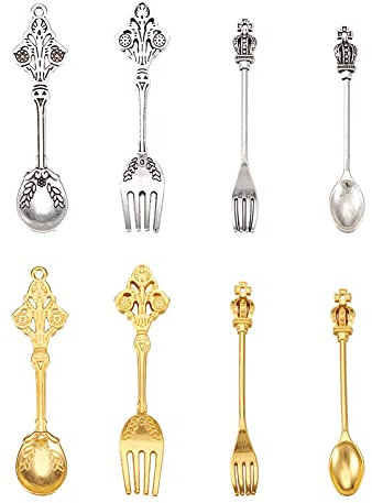 PandaHall 32pcs aleación cuchara colgante tenedor encantos estilo tibetano cuchara forma encantos para DIY collar joyería fabricación oro y plata antigua