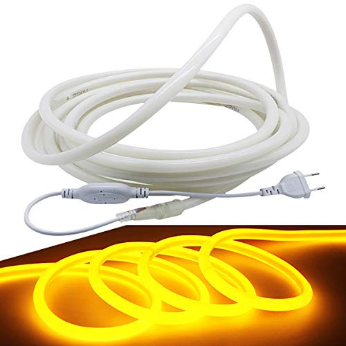 FOLGEMIR 2m Neon Seil Strip Rund, 360° Lumineszenz Gelb, LED flexibler Streifen ohne Lichtpunkte, 220V helle 2835 LED Band, IP65 wasserdicht für Garten Party Hochzeit Deko