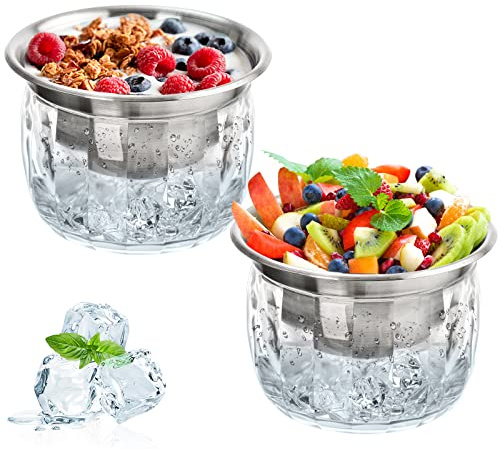 ZENFUN Paquete de 2 cuencos fríos de 20 onzas con base de cuenco de hielo acrílico, plato de acero inoxidable enfriado para servir ensalada helada para pasta fría, patatas, aderezos, frutas