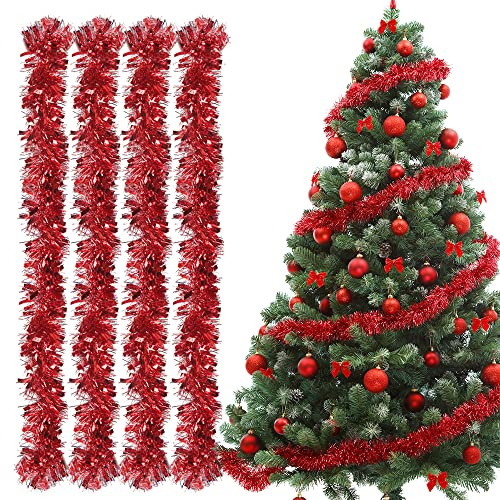 Weihnachtsgirlanden, 4pcs Lametta Weihnachtsbaum, 2m Girlande, Weihnachtsdeko für Weihnachtsbaum, Weihnachtsfeier, Geburtstagsparty Dekoration (Rot)