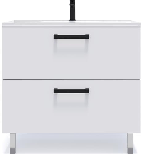 HOMIFAB Meuble de Salle de Bain Suspendu avec Pieds Vasque intégrée 90cm 2 tiroirs Blanc - Chelsea