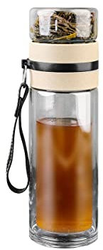 Botella infusora de té, taza de té de viaje de vidrio de doble pared con filtro de acero inoxidable, vaso de té con difusor de té, taza de té portátil de viaje…
