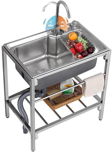 Natliedop Stainless Steel Utility Sink Kitchen Sink Free Standing Commercial, Single Bowl Compartment Workbench Commercial with Faucet, for Outdoor Indoor, Garage, Laundry/Utility Room