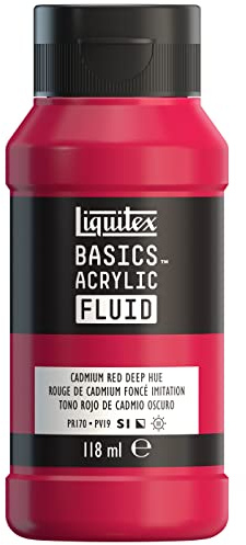 Liquitex 8870388 Basics Fluid Acrylfarbe mit fließender Konsiszenz, schnell trocknend, lichtecht, wasserfest, auf Wasserbasis, 118ml Flasche - Kadmiumrot Dunkel Farbton