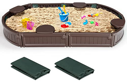 DREAMADE Sandkasten mit Abdeckung und Bodenplane, Sandbox mit Sitzecken, Sandkiste für Kinder für Garten Outdoor (Oval)
