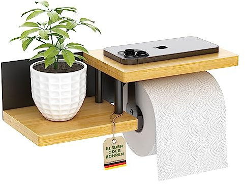 ElbFuchs® Toilettenpapierhalter Holz Bambus [KLEBEN oder Bohren] | hochwertiger Klopapierhalter ohne Bohren mit Ablage | schwarz | Klorollenhalter | WC Rollenhalter