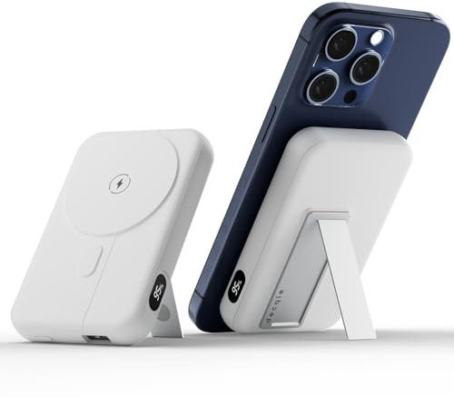 decqle 001 Magnetische Externe Batterie Wireless Powerbank, 10000mAh Faltbarer Stand-Akkupack Tragbares Ladegerät, Kompatibel mit MagSafe für iPhone 12/13/14/15 Serie (Weiß)