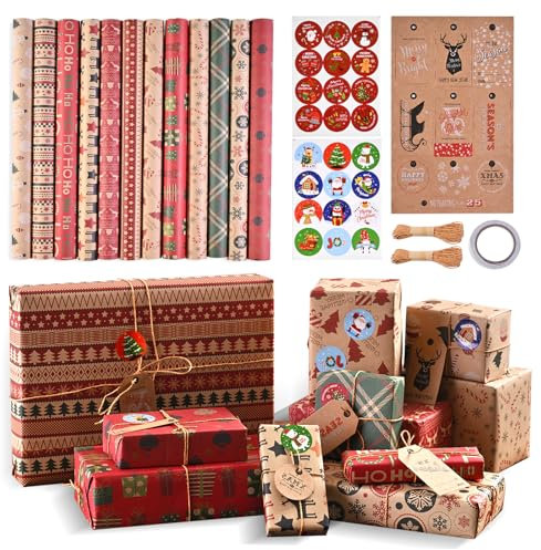 JOYSAL Geschenkpapier Weihnachten Set, 12 Stk 70X50cm Kraftpapier Weihnachtsgeschenkpapier und 10 Geschenkanhänger, Recycling Weihnachtspapier Umweltfreundlich Geschenk Papier Weihnachten